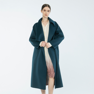 READ_ME读我墨绿简约设计感大翻领系带修身 羊毛大衣B10927427 长款