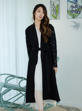 READ_ME读我黑色蕾丝拼接藏肉显高系带长款外套B10608210