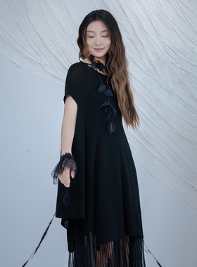 READ_ME读我黑色简约玉米目圆领不规则雅致显瘦针织套衫G10219145