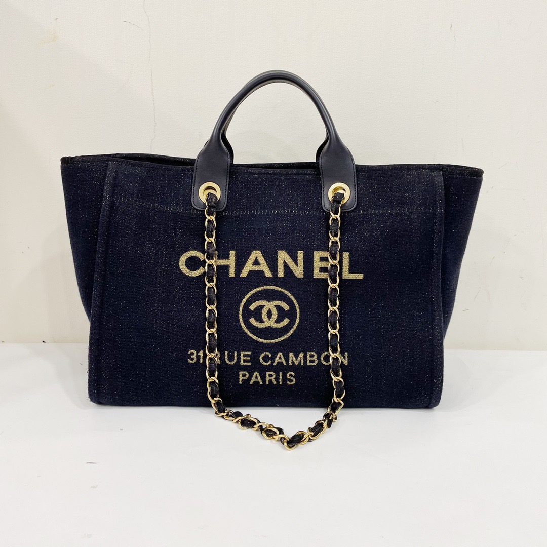 二手28开chanel香奈儿海军蓝丹宁帆布金扣金丝金线沙滩中号单肩包