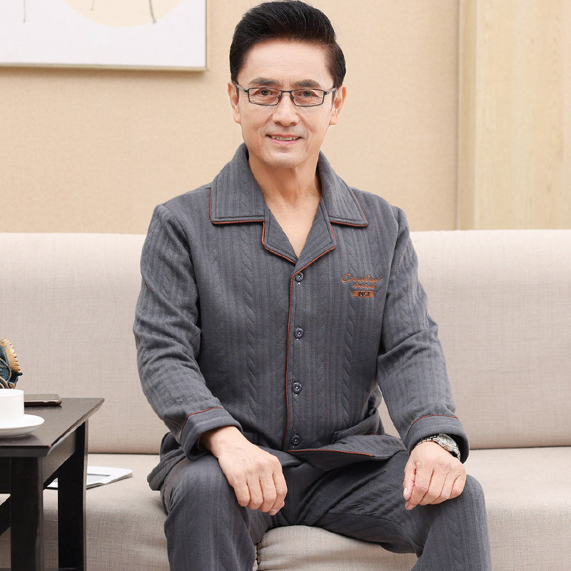 男春秋季加厚纯棉长袖夹层家居服