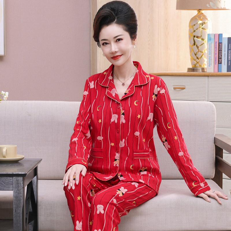睡衣女春秋季中老年妈妈大红色开衫长袖休闲可外穿家居服两件套装