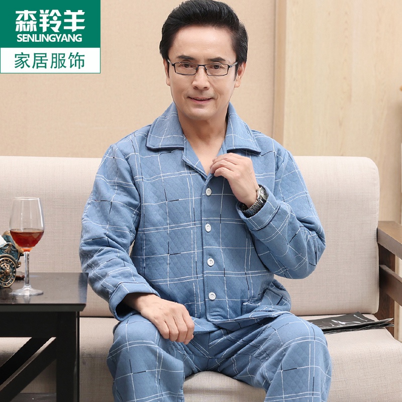 男士秋冬季大码中老年人夹层睡衣