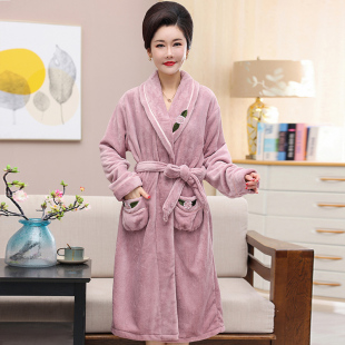 中年人妈妈加厚珊瑚绒睡袍女秋冬款法兰绒睡衣长款浴袍家居服浴衣