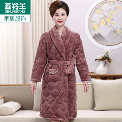 冬季妈妈中长款珊瑚绒夹棉睡袍加厚三层棉袄超厚睡衣女款加绒浴袍