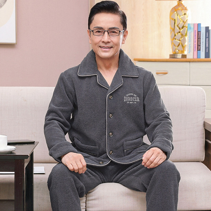 中老年爸爸开衫珊瑚绒男款睡衣男士冬季加绒加厚秋冬款大码家居服