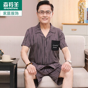 爸爸睡衣男款纯棉短袖短裤开衫可外穿大码宽松中年男士家居服套装