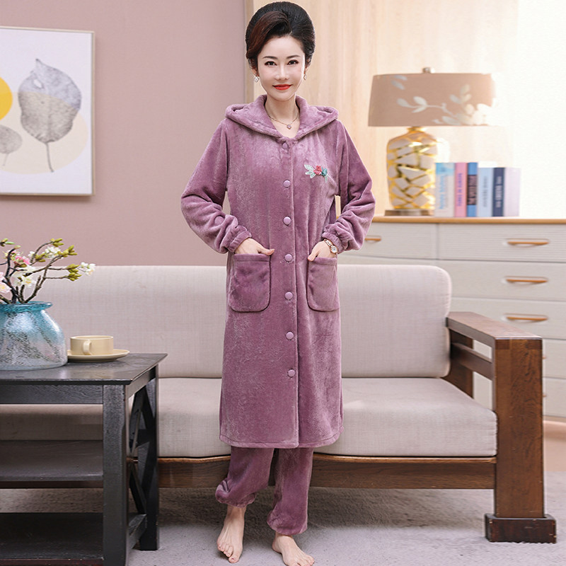 中年妈妈家居服珊瑚绒连帽加长款图片