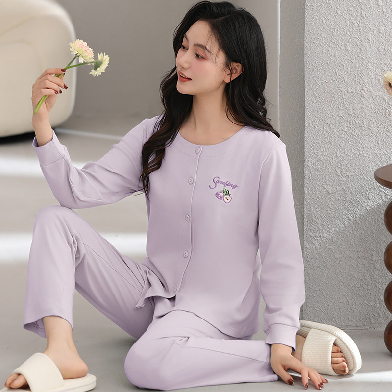 圆领开衫睡衣女士春秋季中老年婆婆纯棉长袖女款家居服可外穿套装
