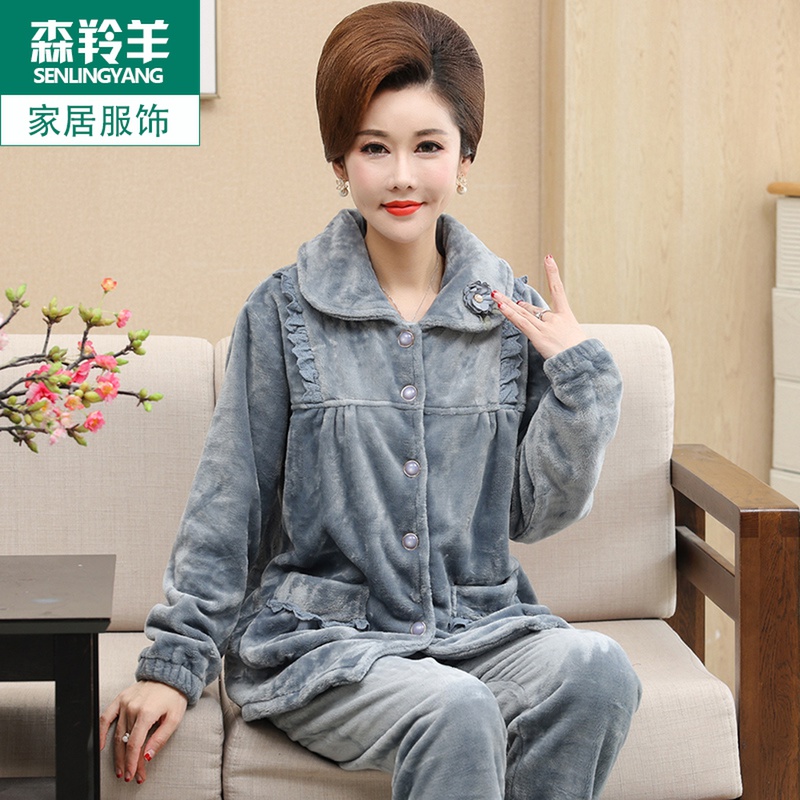 妈妈中年珊瑚绒秋冬款保暖睡衣