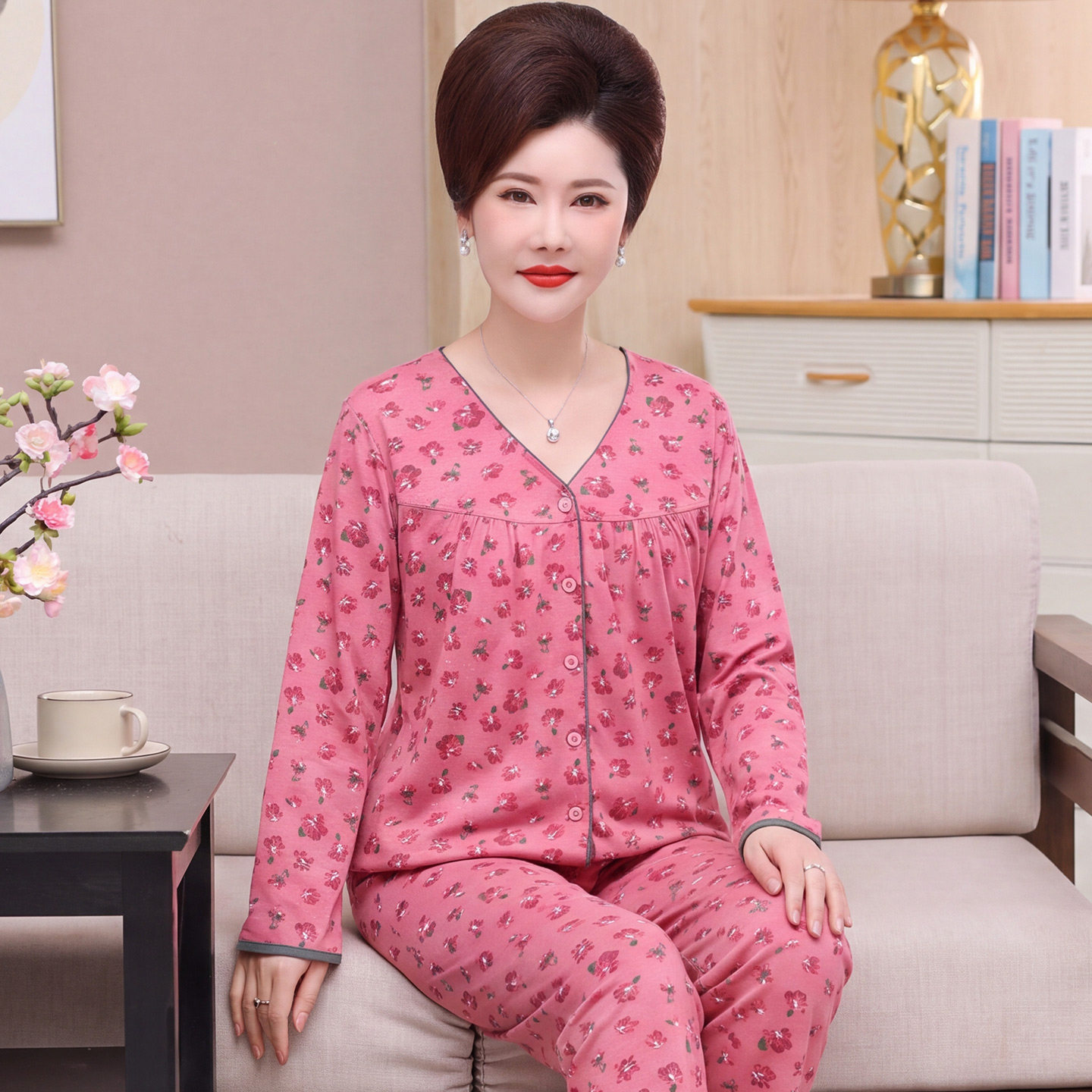 中老年女士睡衣纯棉春秋季开衫薄款长袖妈妈家居服全棉秋冬款大码