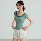 岚纹大u领运动上衣女薄款 拼色显瘦健身t恤弹力透气跑步瑜伽服短袖