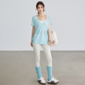 瑜伽服跑步透气健身T恤 抽绳显瘦薄款 岚纹大V领运动短袖 女宽松罩衫