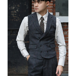 英伦复古粗花呢人字纹羊毛绅士 秋冬厚款双排扣浴血黑帮西装马甲