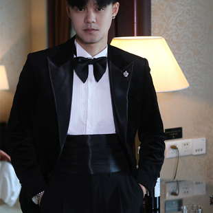 英式经典丝绒缎面拼接戗驳领结婚主持晚会正装塔士多礼服西服套装