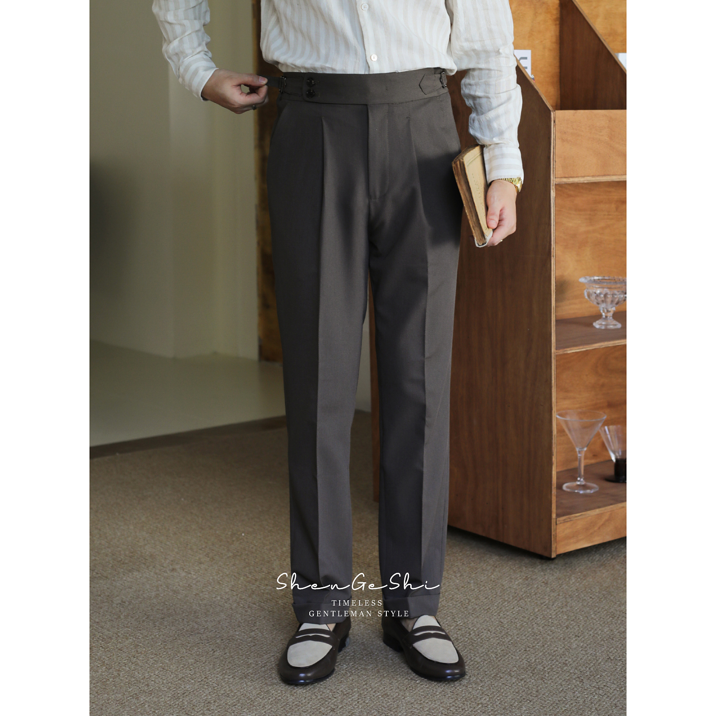 意式那不勒斯高腰长裤 上班通勤日常复古修身小直筒单褶卷边西裤