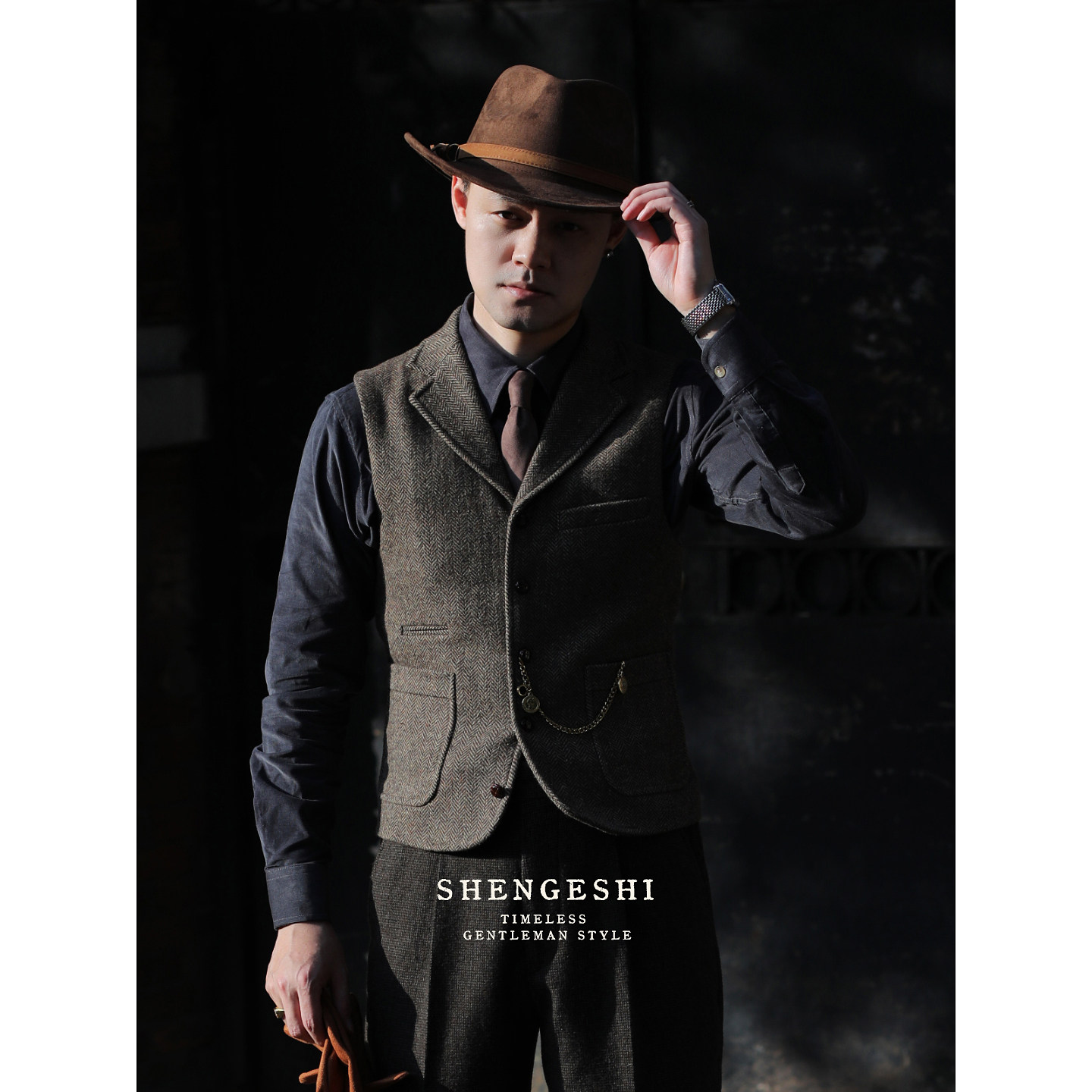 英伦复古雅痞棕色单排扣羊毛粗花呢 人字纹休闲修身结婚西装马甲