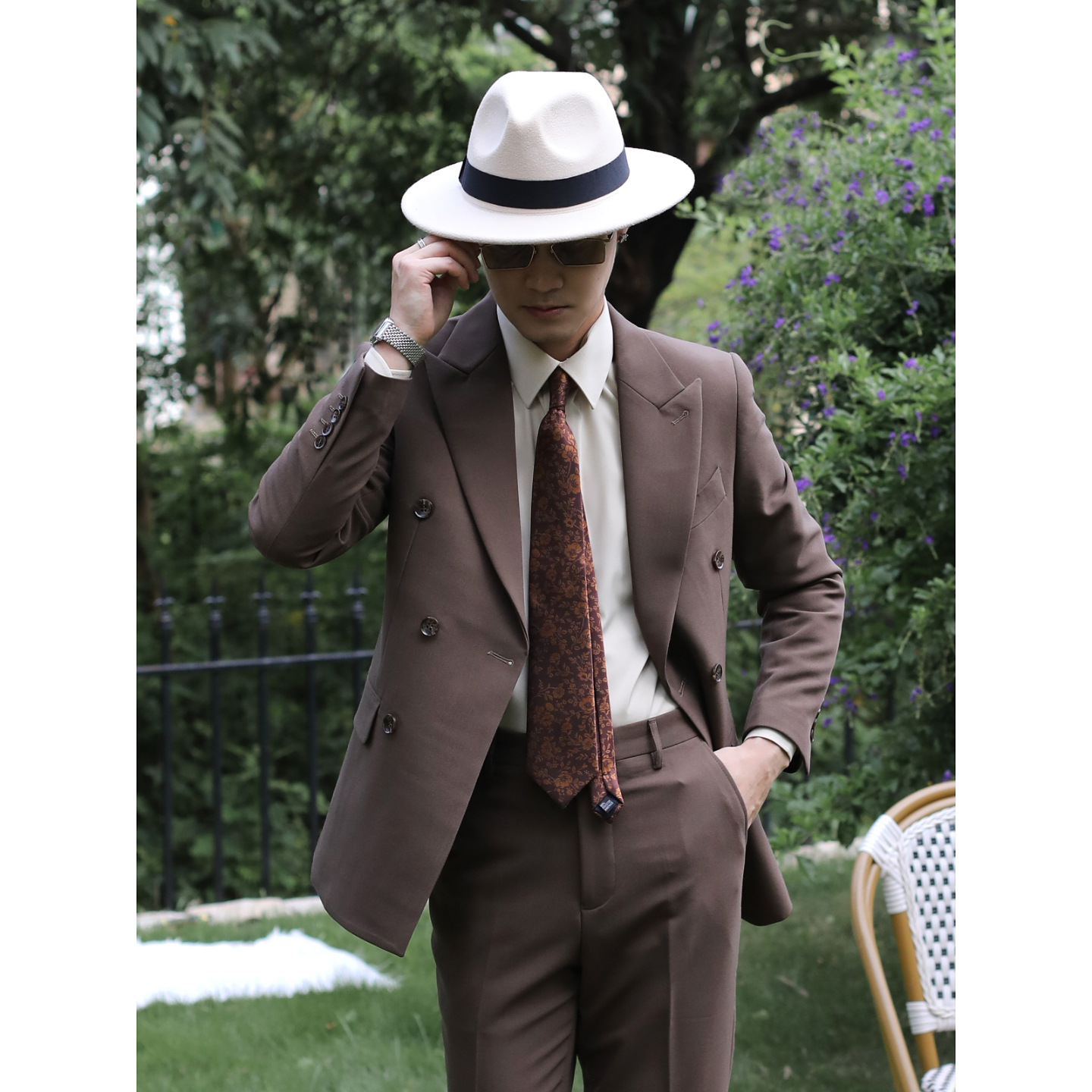 英伦复古双排扣棕色抗皱 雅痞绅士新郎结婚西服修身休闲西装外套