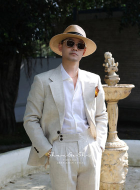 意式绅士亚麻轻薄修身透气西装英伦新郎结婚优雅老钱风半里布西服