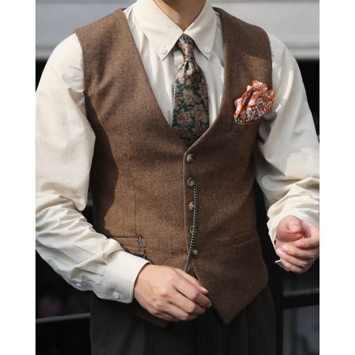 复古英伦雅痞棕色阿美咔叽羊毛粗花呢人字纹休闲修身结婚西装马甲