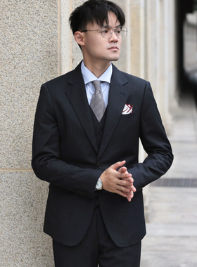 羊毛人字纹英伦风商务型男黑色条纹西服三件套装绅士商务结婚西装