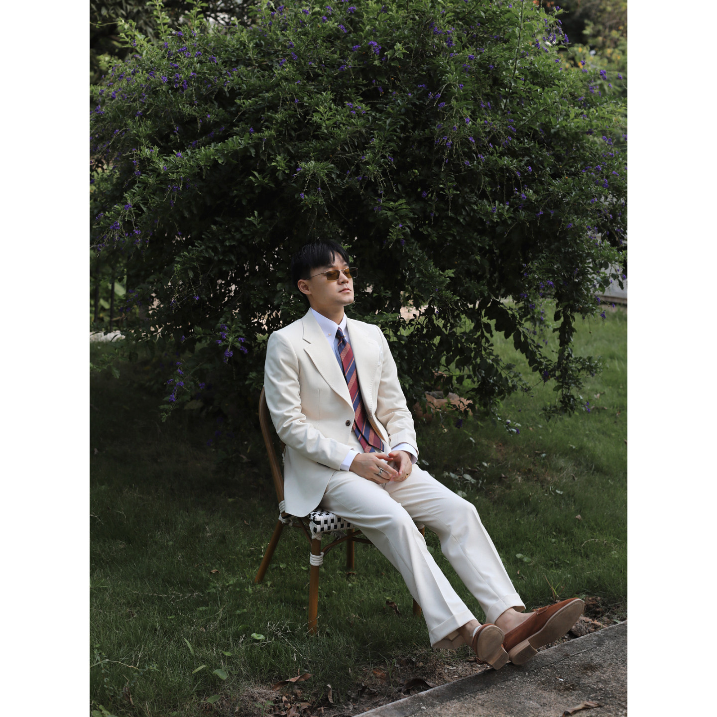 意式那不勒斯肌理面料结婚婚礼儒雅老钱风杏色修身西服两件套装