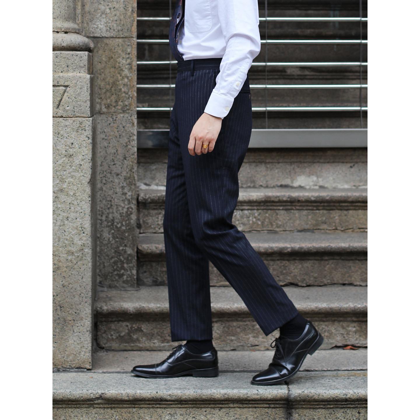 英伦复古经典中腰条纹修身小直筒 上班通勤雅痞绅士商务西裤长裤