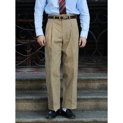 复古学院风好莱坞腰头长裤 美式常春藤ivy高腰纯棉宽松直筒休闲裤