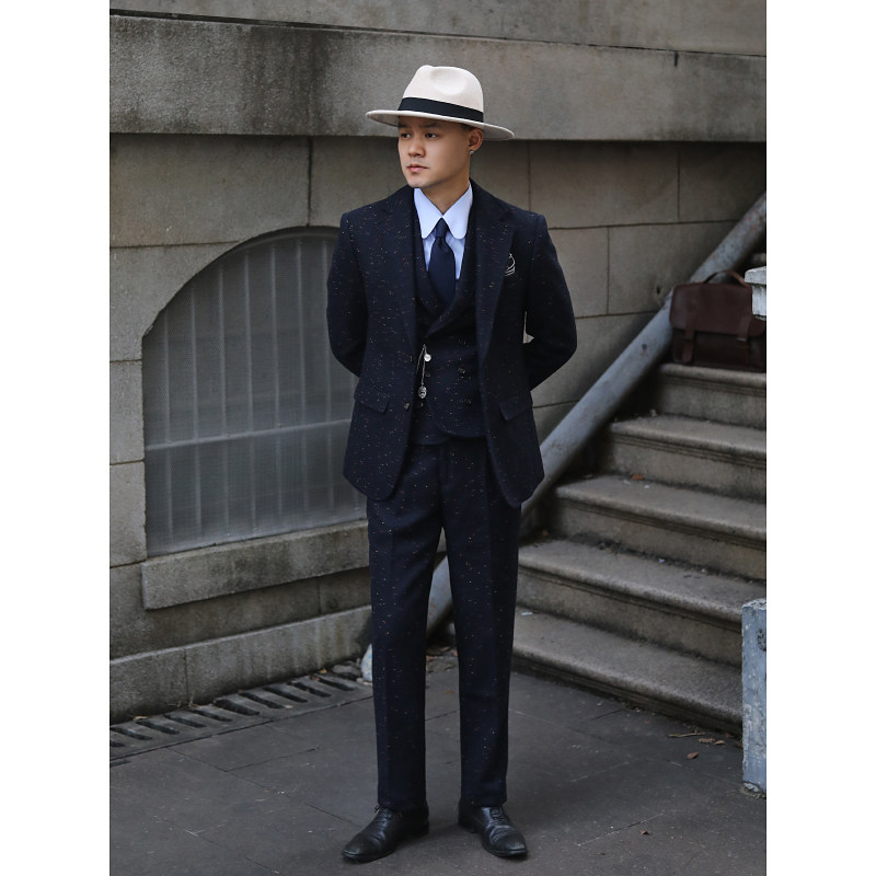 复古英伦雅痞谢羊毛粗花呢 人字纹新郎结婚彩点修身西服三件套装