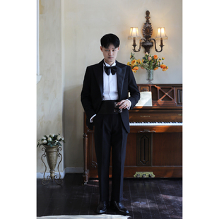 黑色缎面戗驳领塔士多礼服西装 结婚新郎婚礼单排扣西服两件套装