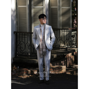 西服两件套装 结婚新郎婚礼法兰绒英伦修身 绅士亲王格纹西装 意式
