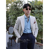 外套 西装 泡泡纱英伦绅士儒雅西服结婚时尚 雅痞绅士细条纹抗皱修身
