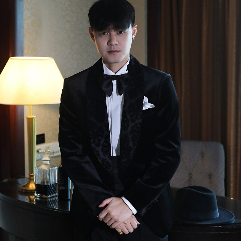 经典美式丝绒缎面拼接青果领结婚主持晚会正装塔士多礼服西服套装