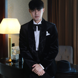 经典美式丝绒缎面拼接青果领结婚主持晚会正装塔士多礼服西服套装
