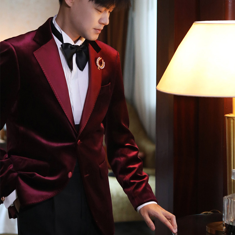 英伦经典丝绒缎面拼接平驳领结婚主持晚会正装塔士多礼服西服套装