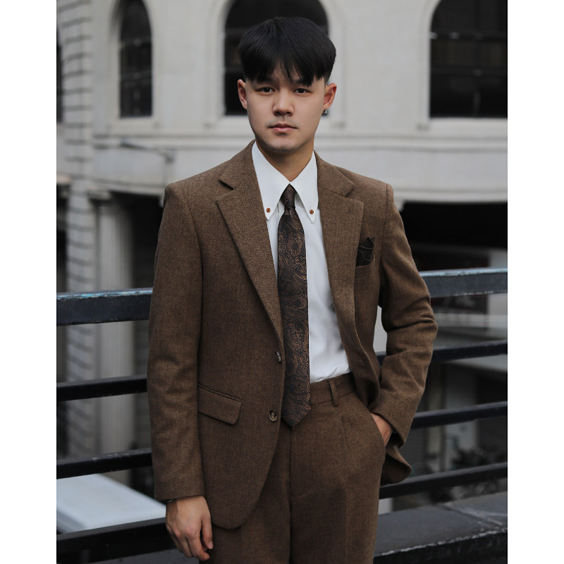 英伦复古羊毛呢秋冬厚款 人字纹结婚新郎粗花呢修身西服两件套装