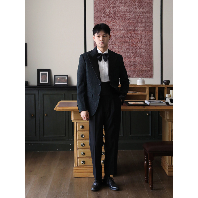 欧美风缎面拼接戗驳领腰果花 年会宴会主持晚会礼服西装两件套装