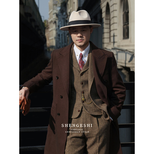 英伦复古马球大衣中长款修身外套浴血黑帮双排扣羊毛呢戗驳领大衣