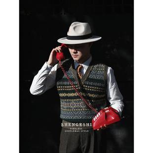 100%羊毛英式复古费尔岛文艺毛衣背心 雅痞老钱风提花马甲男女款