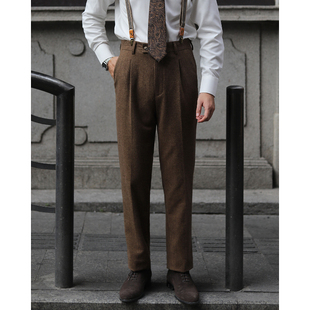 西裤 雅痞修身 咖啡色微秋冬厚款 英伦复古羊毛粗花呢人字纹高腰长裤