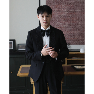 结婚新郎重工钉钻西装 正装 青果领烫钻镶亮钻礼服西服英伦修身 美式