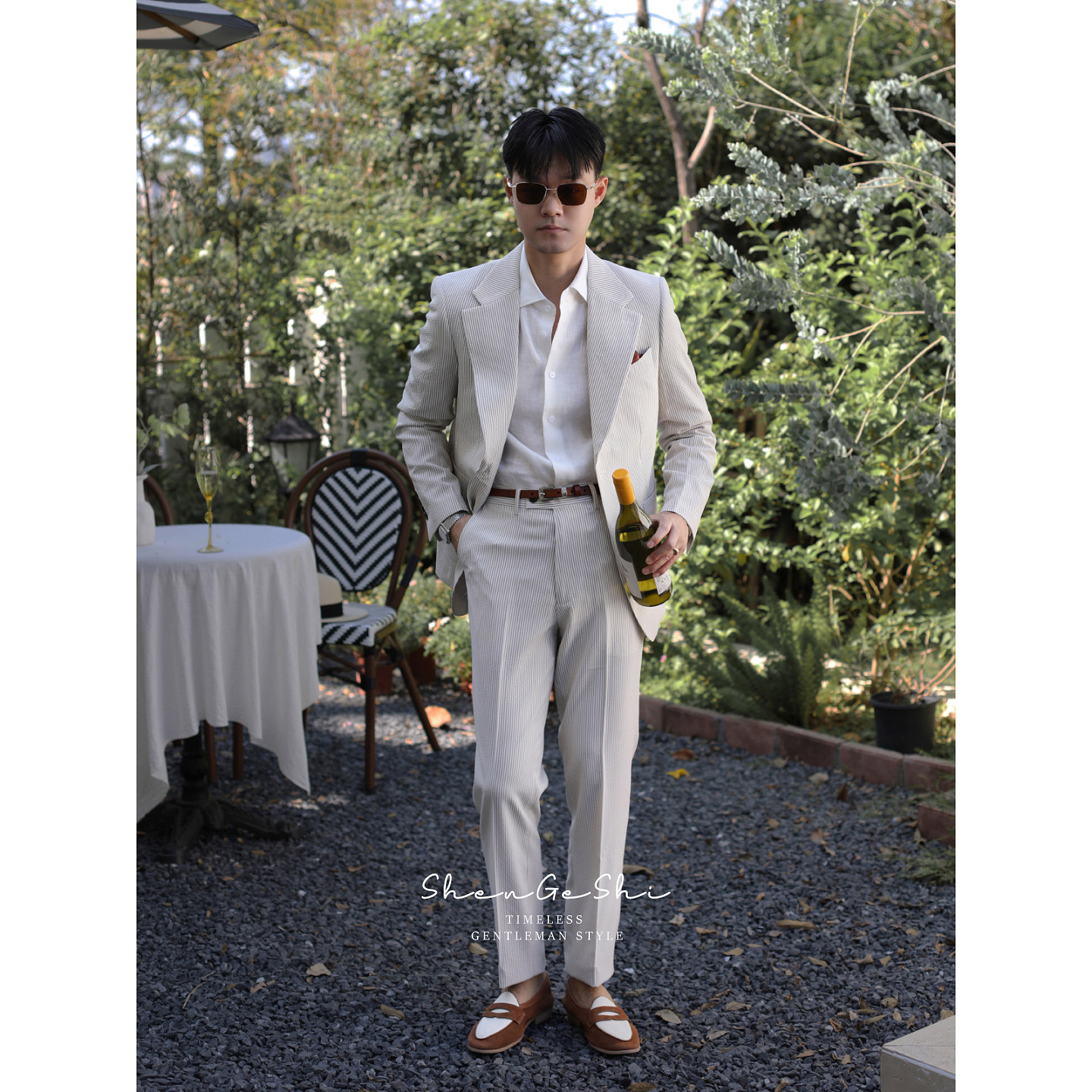 泡泡纱英伦雅痞绅士西装结婚上班通勤细条纹抗皱修身西服两件套装