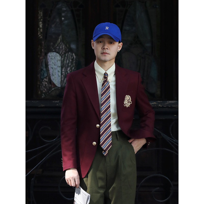 IVY学院风金扣布雷泽英式刺绣徽章西服 复古常春藤修身西装外套