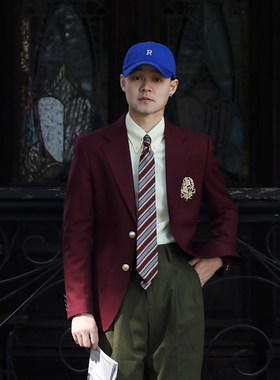 IVY学院风金扣布雷泽英式刺绣徽章西服 复古常春藤修身西装外套
