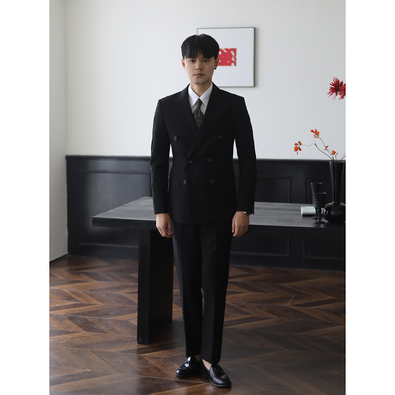 英伦轻商务西服韩版双排扣结婚新郎正装上班绅士修身西装两件套装