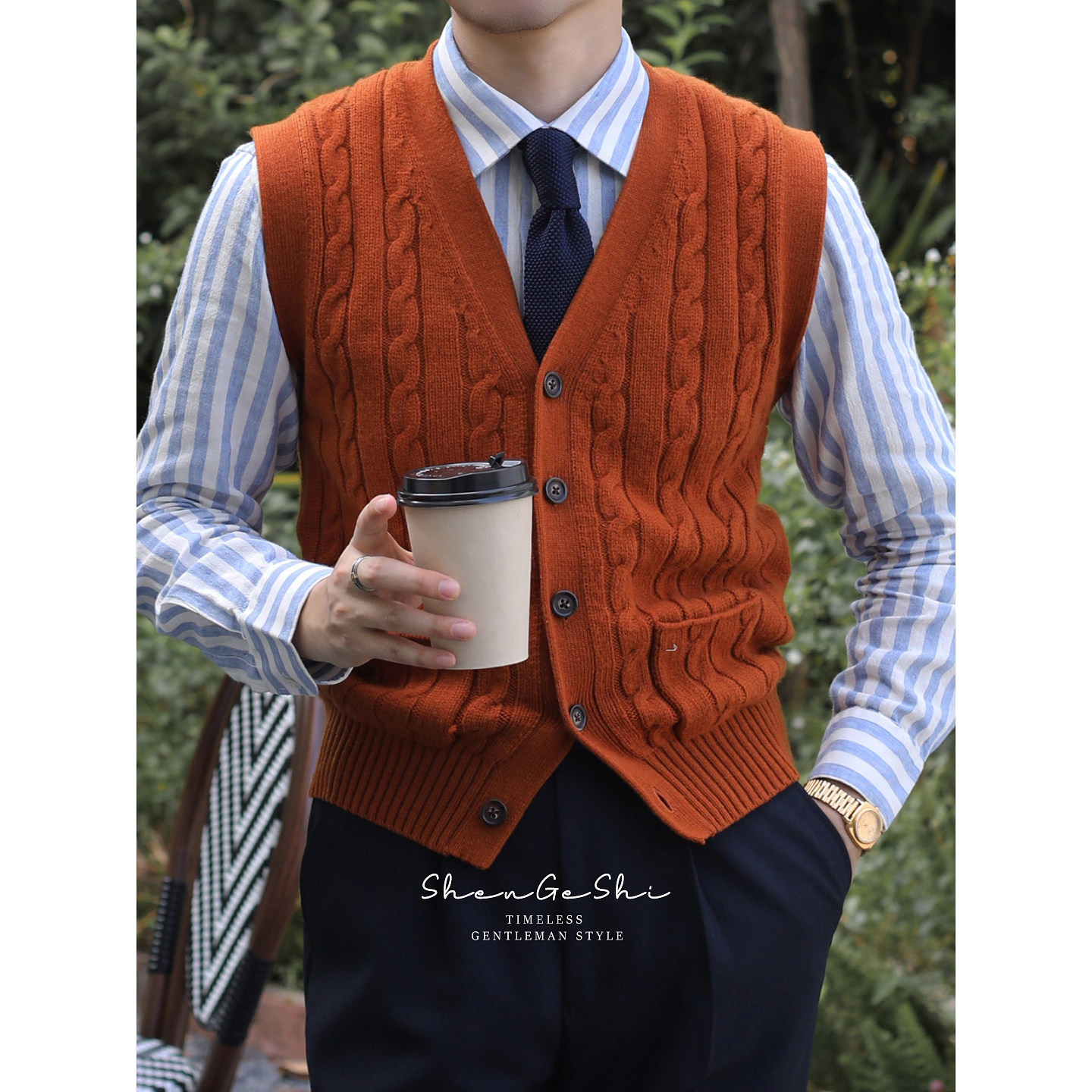 英伦复古修身V领开衫羊毛绞花毛衣马甲 老钱风保暖打底针织衫背心