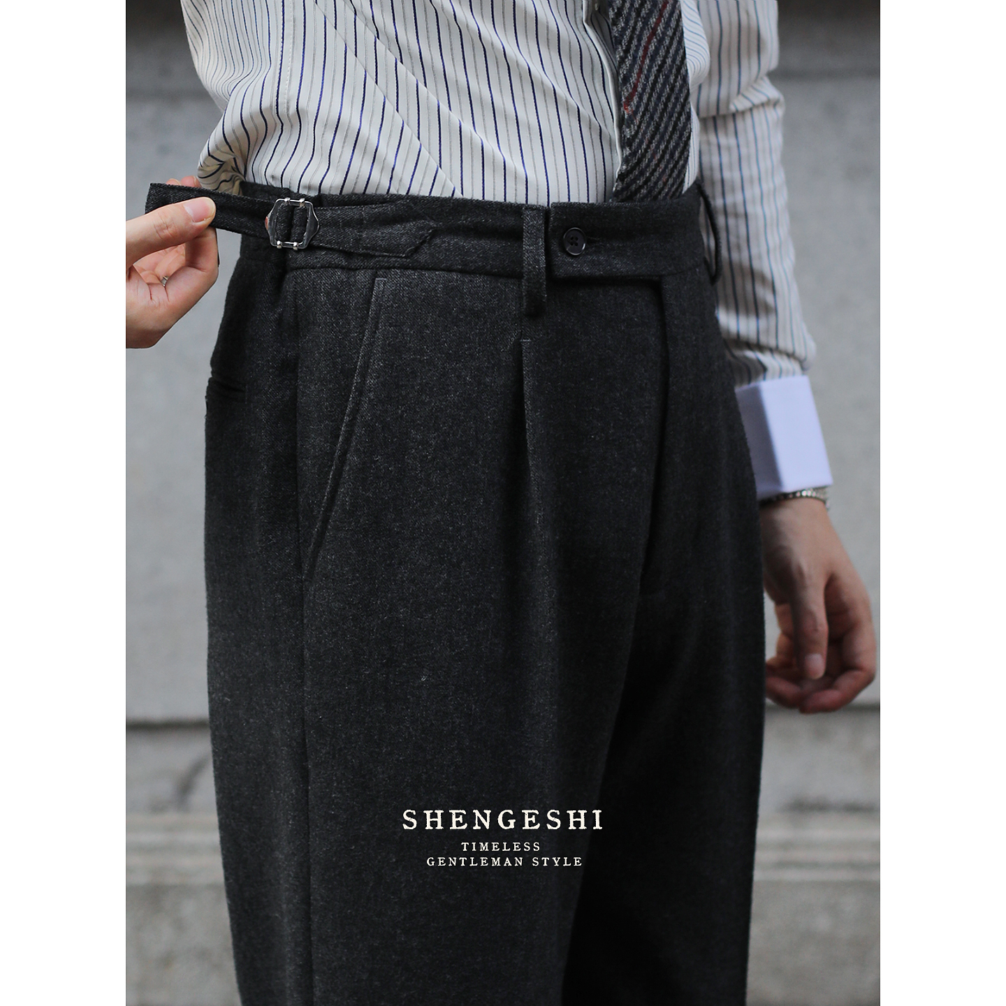 英伦复古高腰修身羊毛粗花呢厚款长裤 意式那不勒斯百搭卷边西裤