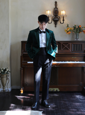 墨绿色缎面戗驳领塔士多礼服贵气金丝绒宴会活动典礼西服两件套装