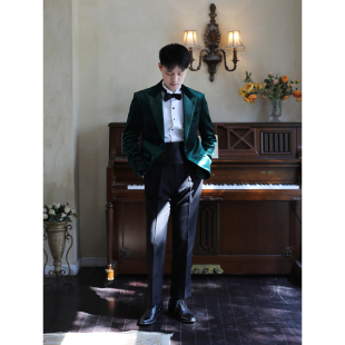 墨绿色缎面戗驳领塔士多礼服贵气金丝绒宴会活动典礼西服两件套装