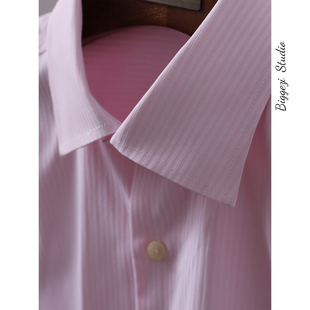 [两色] 英伦风干净清爽浅蓝粉色条纹衬衫 商务休闲百搭修身衬衣